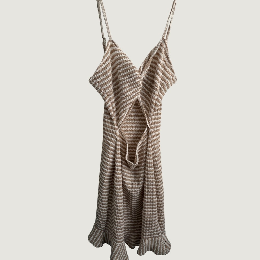 Coastal Neutral Knit Striped Twist Front Cutout Ruffle Mini Dress Beach Nautical
